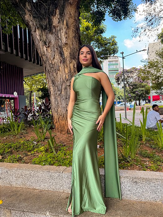 VESTIDO LONGO PRADA COM ELASTANO UM OMBRO SÓ COM ECHARPE VERDE OLIVA