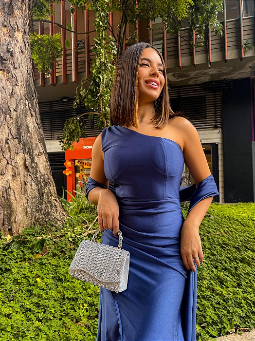 VESTIDO LONGO PRADA COM ELASTANO UM OMBRO SÓ COM ECHARPE AZUL MARINHO