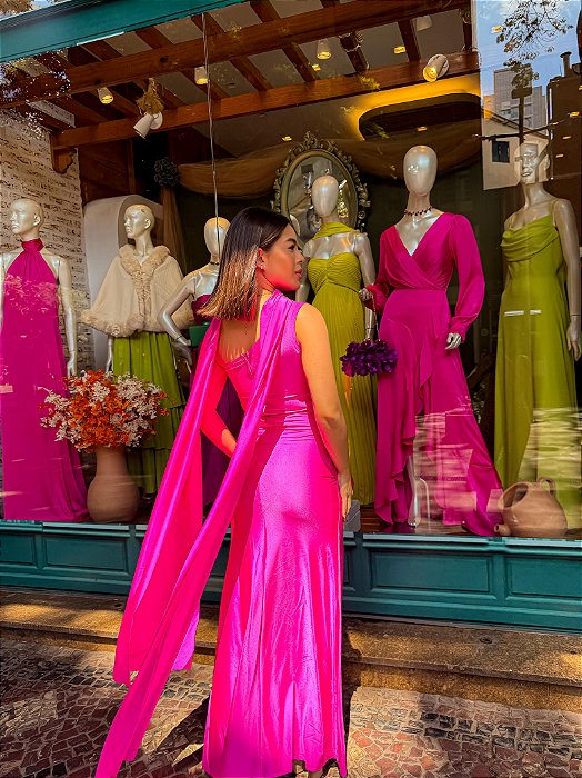 VESTIDO LONGO PRADA COM ELASTANO UM OMBRO SÓ COM ECHARPE PINK