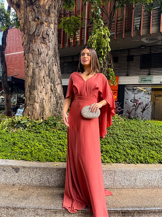 VESTIDO LONGO CREPE DE SEDA DECOTE V COM CAPA TERRA COTA