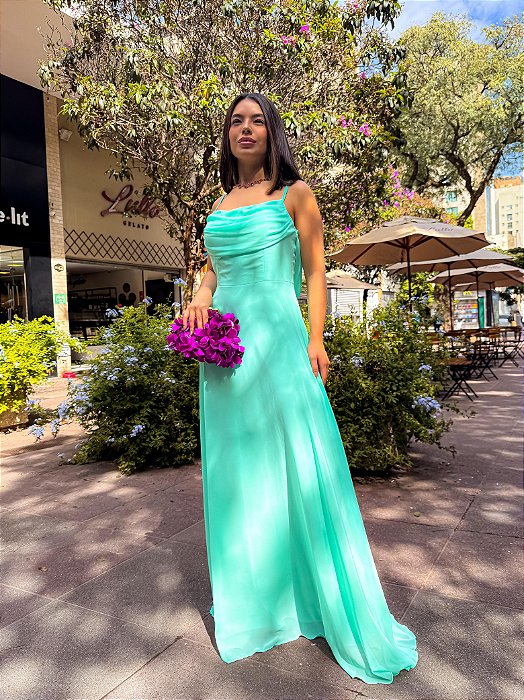 VESTIDO LONGO CREPE DE SEDA DE ALCINHA COM DETALHE DRAPEADO NO BUSTO VERDE TIFANY
