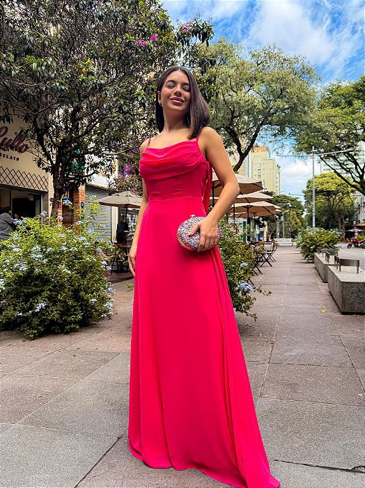 VESTIDO LONGO ZIBELINE OMBRO A OMBRO COM FLOR REMOVIVEL FENDA LATERAL PINK