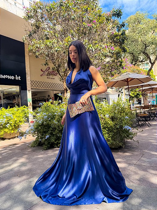 VESTIDO LONGO SEDA GOLA BOBA AMARRAÇÃO COSTA AZUL MARINHO