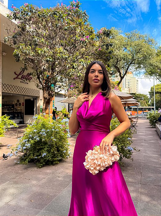 VESTIDO LONGO SEDA GOLA BOBA AMARRAÇÃO COSTA FUCSIA