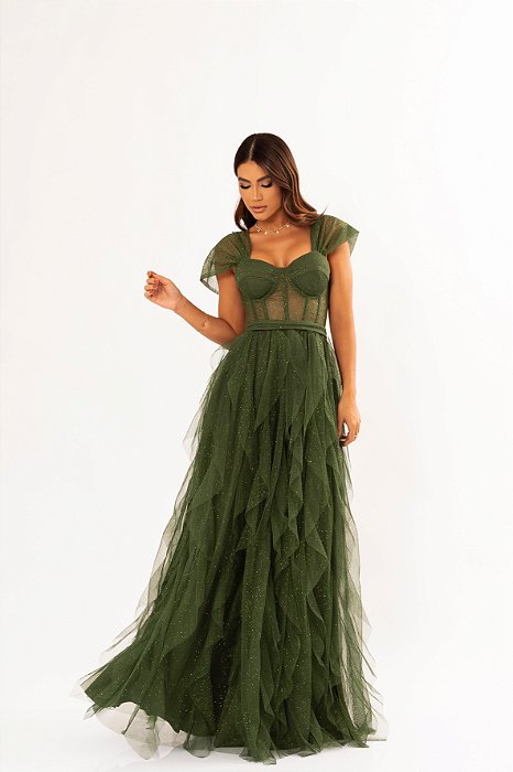VESTIDO LONGO MICROTULE ESTILO CORPETE SAIA EM CASCATAS  VERDE OLIVA
