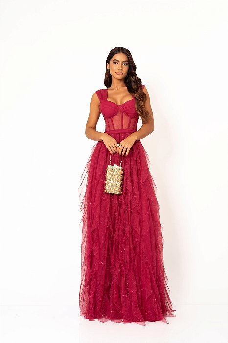 VESTIDO LONGO MICROTULE ESTILO CORPETE SAIA EM CASCATAS  MARSALA
