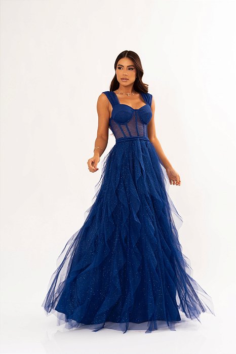 VESTIDO LONGO MICROTULE ESTILO CORPETE SAIA EM CASCATAS  AZUL MARINHO