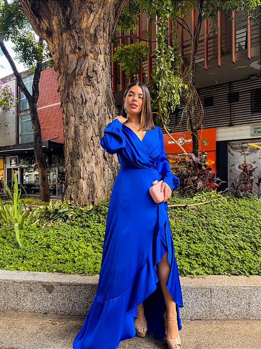 VESTIDO LONGO CREPE DE SEDA MANGA LONGA DECOTE V  AZUL ROYAL