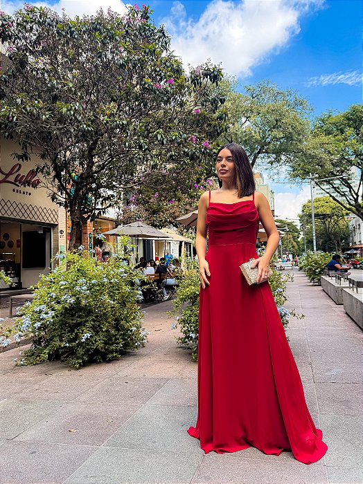 VESTIDO LONGO CREPE DE SEDA DE ALCINHA COM DETALHE DRAPEADO NO BUSTO MARSALA