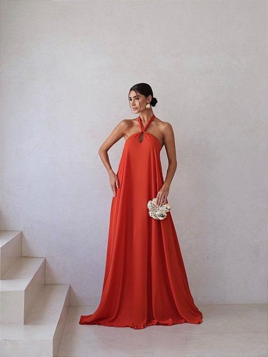 VESTIDO LONGO CHIFFON GOLA ALTA COM FITA TERRA COTA