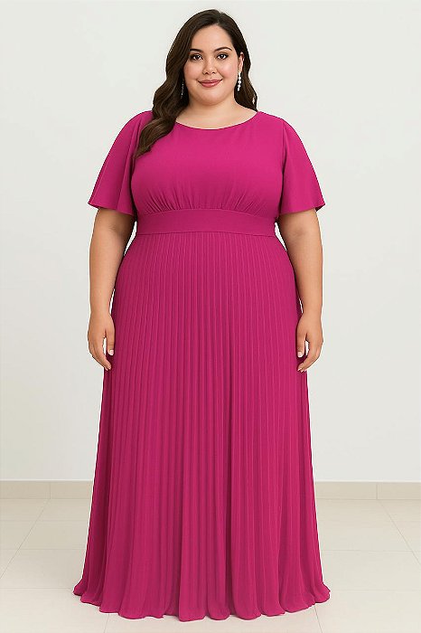 VESTIDO LONGO CREPE DE SEDA DECOTE REDONDO COM CAPA SAIA PLISSADA FUCSIA