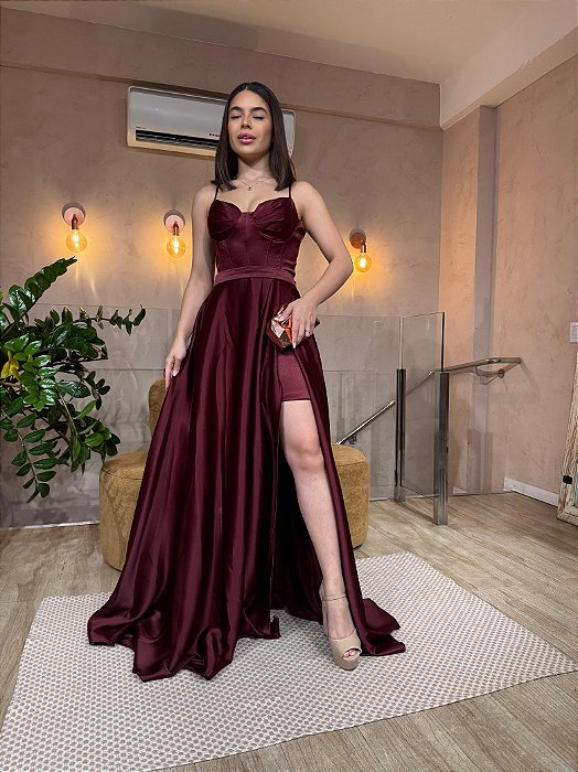 VESTIDO LONGO ZIBELINE COM TOQUE DE SEDA DE ALCINHA COM AMARRAÇÃO NAS  COSTAS FENDA LATERAL MARSALA