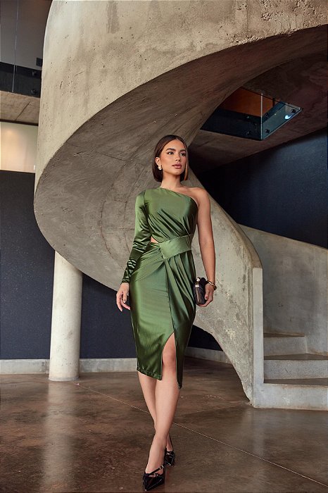 VESTIDO LONGO JERSEY UM OMBRO SÓ MANGA LONGA COM FENDA FRONTAL DETALHE NÓ VERDE OLIVA