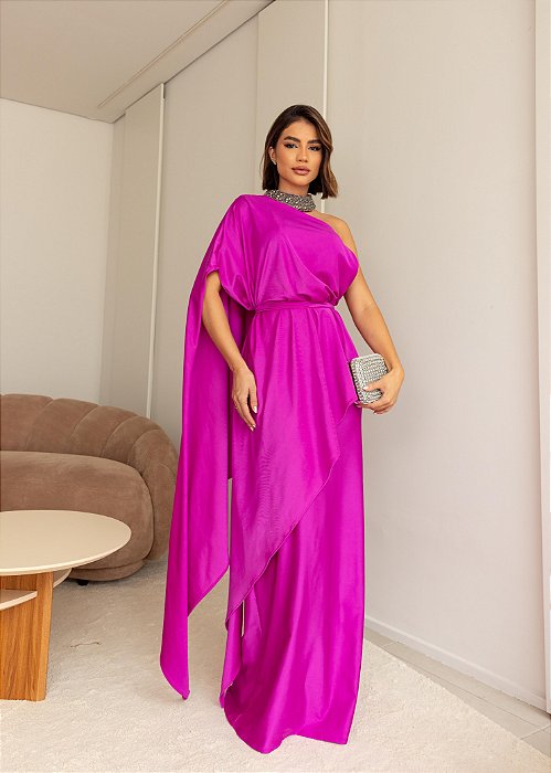 VESTIDO LONGO ACETINADO ESTILO CORPETE BUSTO ESTRUTURADO GOLA BORDADA FUCSIA  ST