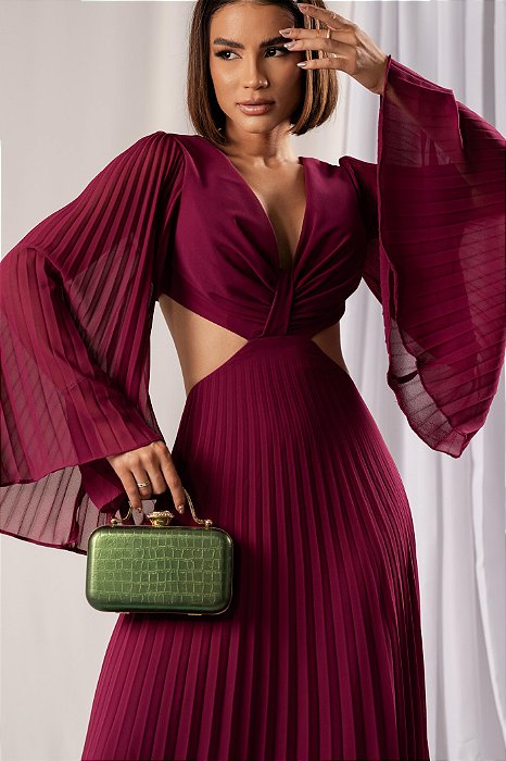 VESTIDO LONGO CREPE DE SEDA MANGA MORCEGO PLISSADA COSTAS VAZADA FUCSIA AXEL