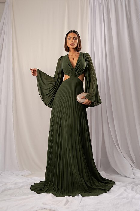 VESTIDO LONGO CREPE DE SEDA MANGA MORCEGO PLISSADA COSTAS VAZADA VERDE OLIVA  AXEL