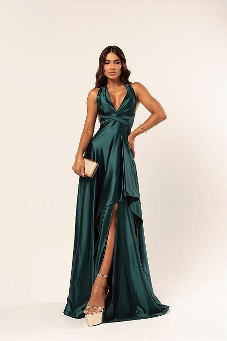 VESTIDO LONGO PRADA COM ELASTANO FRENTE UNICA FENDA LATERAL VERDE OLIVA