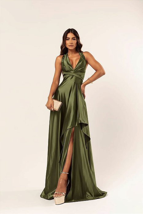 VESTIDO LONGO PRADA COM ELASTANO FRENTE UNICA FENDA LATERAL VERDE OLIVA