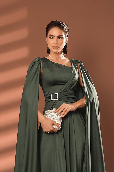 VESTIDO LONGO PRADA COM ELASTANO MANGA CAPA COM FIVELA NA CINTURA VERDE OLIVA