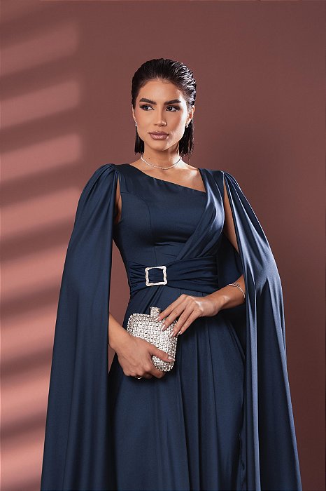 VESTIDO LONGO PRADA COM ELASTANO MANGA CAPA COM FIVELA NA CINTURA AZUL MARINHO