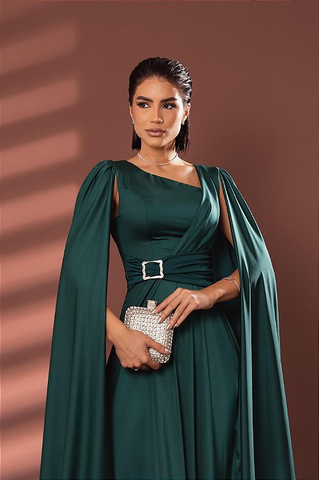 VESTIDO LONGO PRADA COM ELASTANO MANGA CAPA COM FIVELA NA CINTURA VERDE ESMERALDA