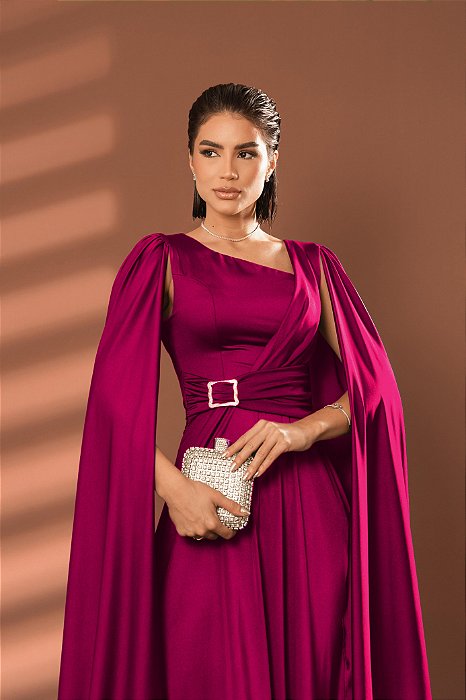 VESTIDO LONGO PRADA COM ELASTANO MANGA CAPA COM FIVELA NA CINTURA FUCSIA