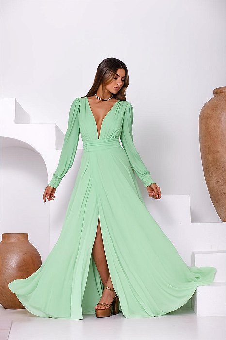 VESTIDO LONGO MICROTULLE MANGA LONGA DECOTE VERDE