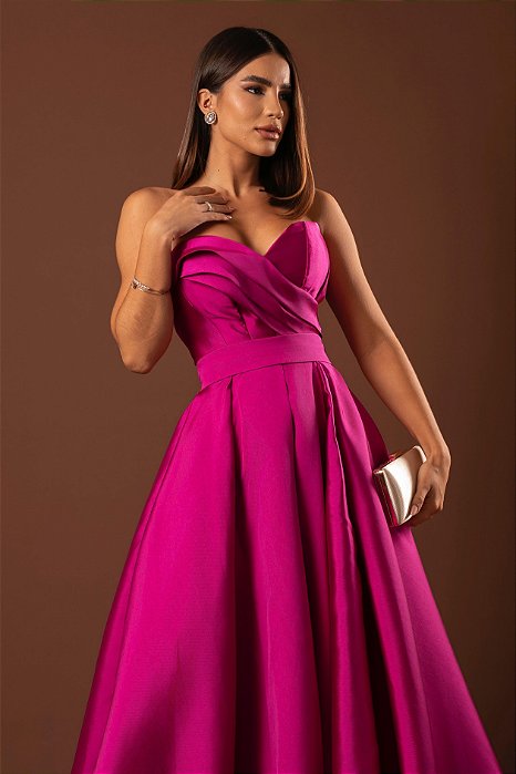 VESTIDO LONGO ZIBELINE ACETINADO TOMARA QUE CAIA COM MUITA CALDA E FENDA PINK BL