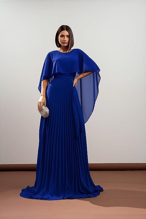 VESTIDO LONGO PLISSADO COM MANGA CAPA AZUL BIC