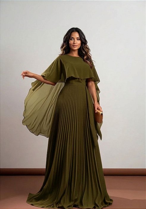 VESTIDO LONGO PLISSADO COM MANGA CAPA VERDE OLIVA