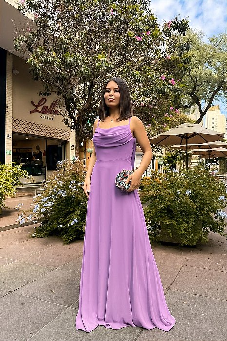 VESTIDO LONGO CREPE DE SEDA DE ALCINHA COM DETALHE DRAPEADO NO BUSTO LILAS