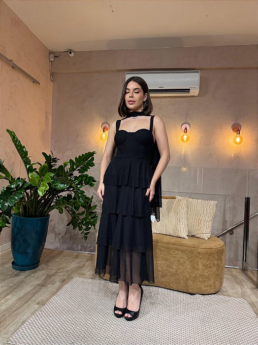 VESTIDO MIDI MICROTULLE ALÇA LARGA CAMADAS PRETO