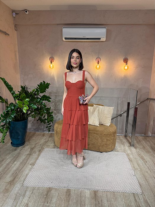 VESTIDO MIDI MICROTULLE ALÇA LARGA 3 MARIAS TERRA COTA