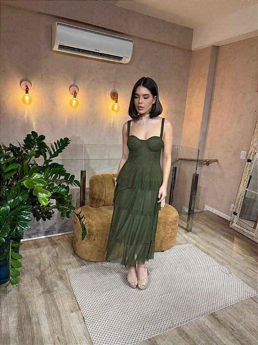 VESTIDO MIDI MICROTULLE ALÇA LARGA 3 MARIAS VERDE OLIVA