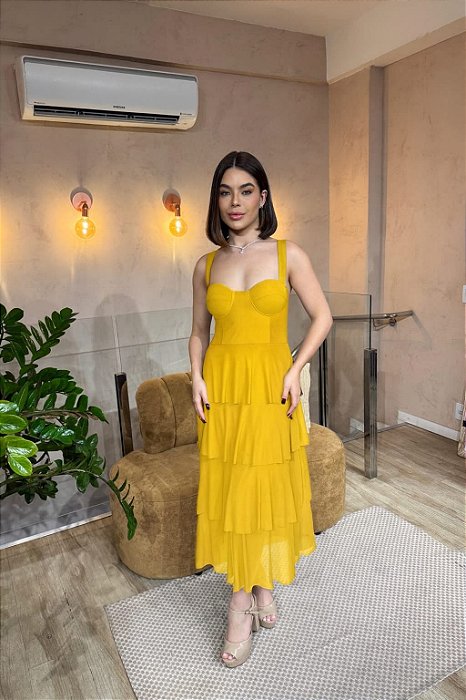 VESTIDO MIDI MICROTULLE ALÇA LARGA CAMADAS AMARELO
