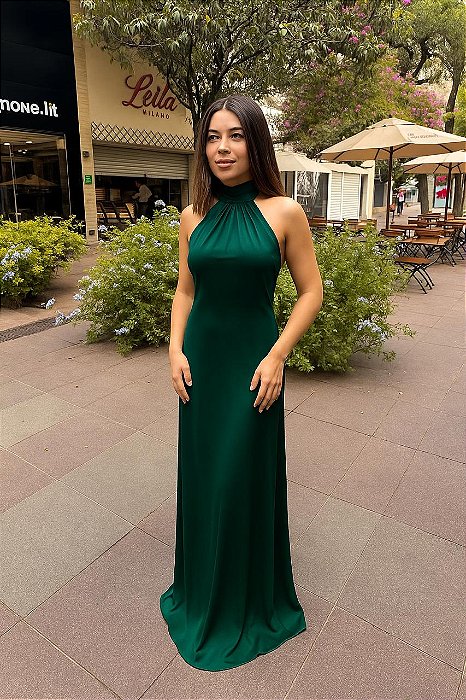 VESTIDO LONGO GOLA ALTA SEDA COM AMARRAÇÃO COSTA NUA  VERDE ESMERALDA