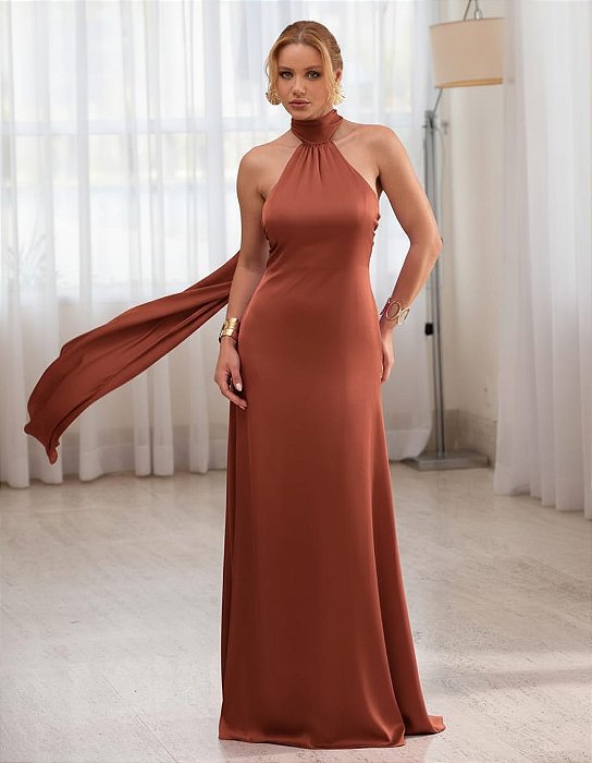 VESTIDO LONGO GOLA ALTA SEDA COM AMARRAÇÃO COSTA NUA  TERRACOTA