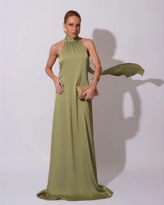 VESTIDO LONGO GOLA ALTA SEDA COM AMARRAÇÃO COSTA NUA VERDE PISTACHE