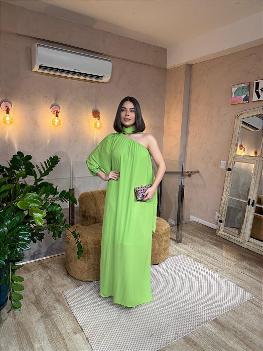 VESTIDO LONGO CHIFFON MULA MANCA COM FAIXA VERDE MENTA