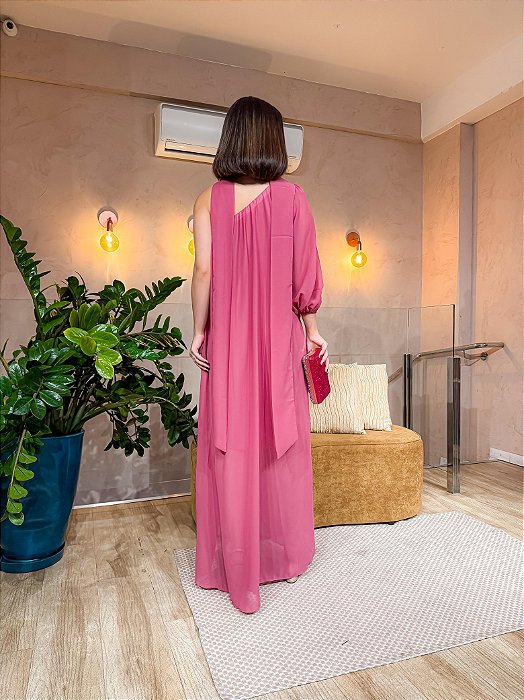 VESTIDO LONGO CHIFFON MULA MANCA COM FAIXA FUCSIA
