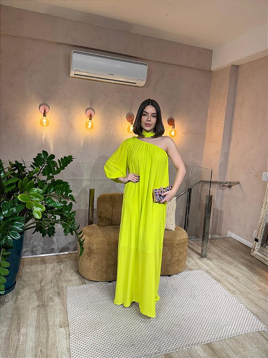VESTIDO LONGO CHIFFON MULA MANCA COM FAIXA AMARELO