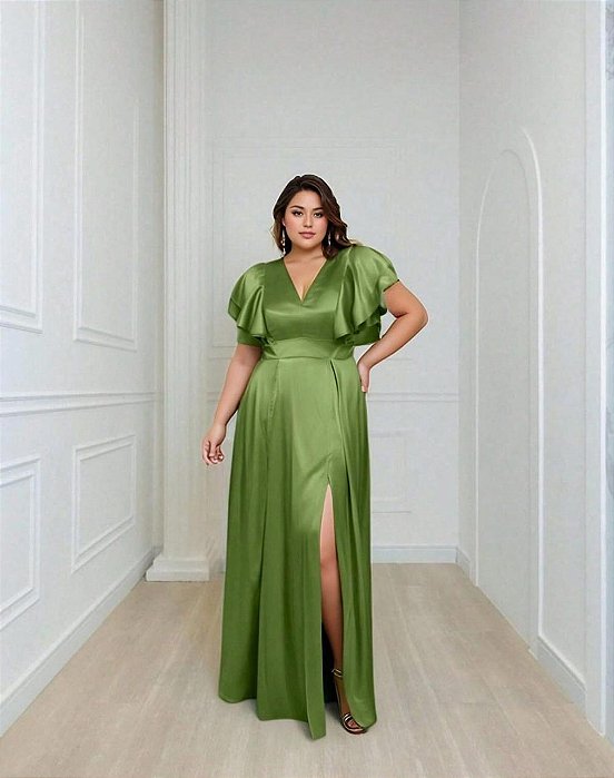 VESTIDO LONGO SEDA MANGA CURTA COM BABADOS VERDE OLIVA