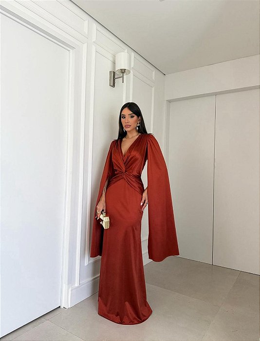 VESTIDO LONGO JERSEY MANGA CAPA COM NÓ TERRA COTA