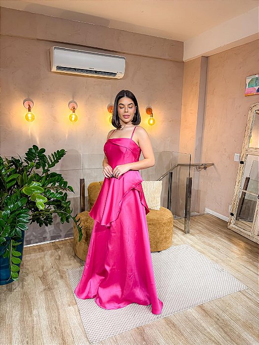 VESTIDO LONGO ZIBELINE ALCINHA DETALHE ACIMA DO BUSTO RECORTES E CAMADAS  FUCSIA