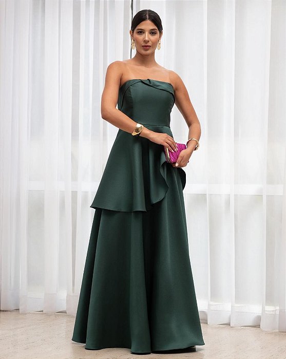 VESTIDO LONGO ZIBELINE ALCINHA DETALHE ACIMA DO BUSTO RECORTES E CAMADAS VERDE ESMERALDA