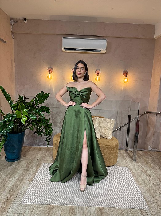 VESTIDO LONGO ZIBELINE TOMARA QUE CAIA ESTILO LAÇO VERDE OLIVA