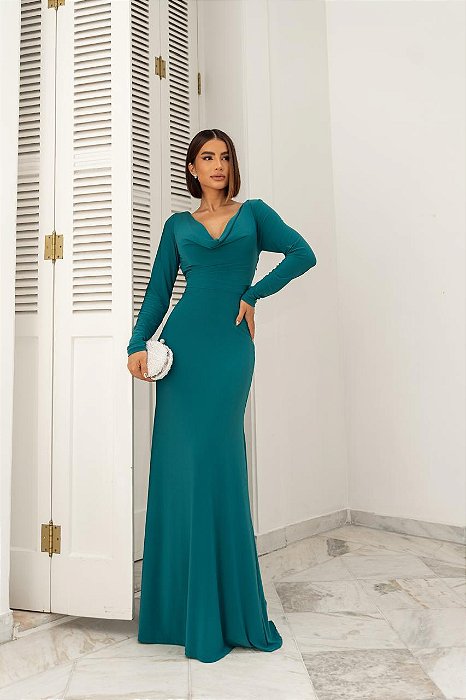 VESTIDO LONGO CREPE MANGA LONGA COM DECOTE SOPREPOSTO VERDE PETROLEO BIA