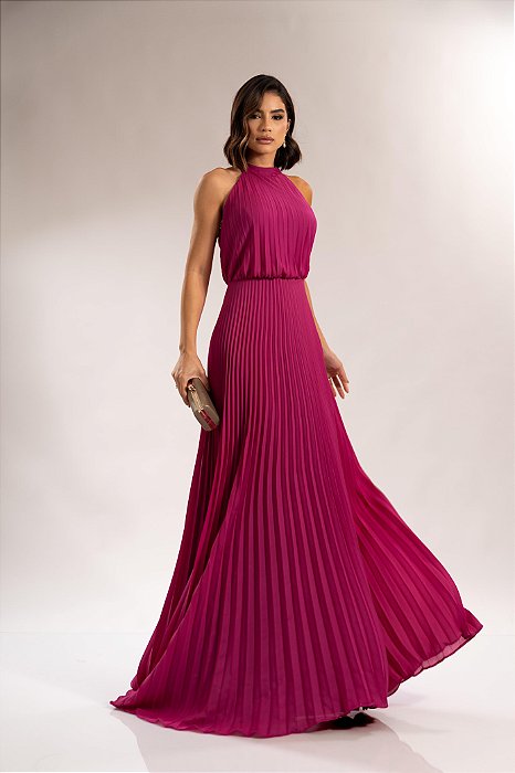 VESTIDO LONGO PLISSADO GOLA ALTA FUCSIA
