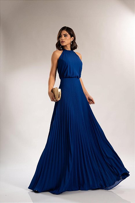 VESTIDO LONGO PLISSADO GOLA ALTA AZUL MARINHO