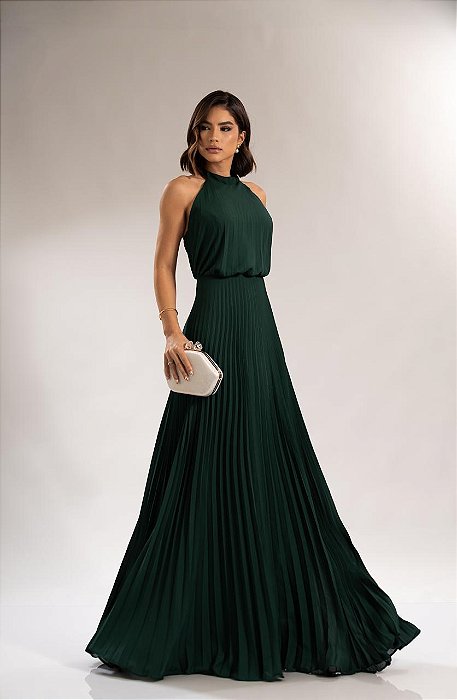 VESTIDO LONGO PLISSADO GOLA ALTA VERDE ESMERALDA